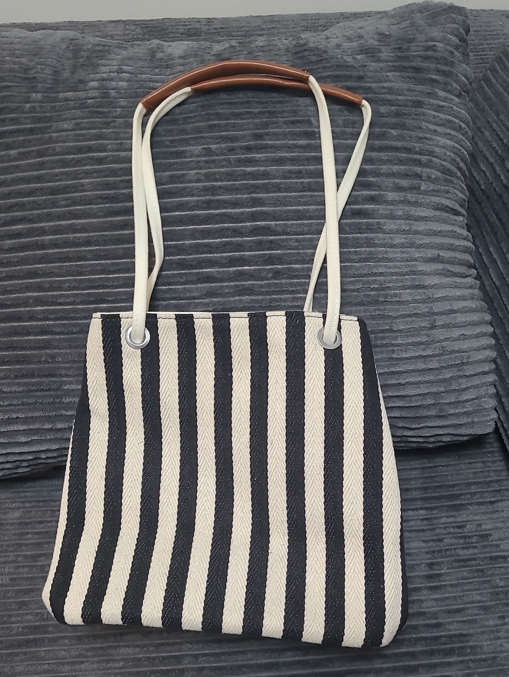 Striped Black and Cream Tote Bag with Brown Handle